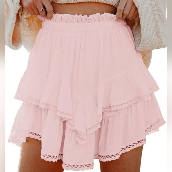 Light Pink Cream Cowgirl Style Lace Trim Ruffled Skirt - Picture 4 of 5